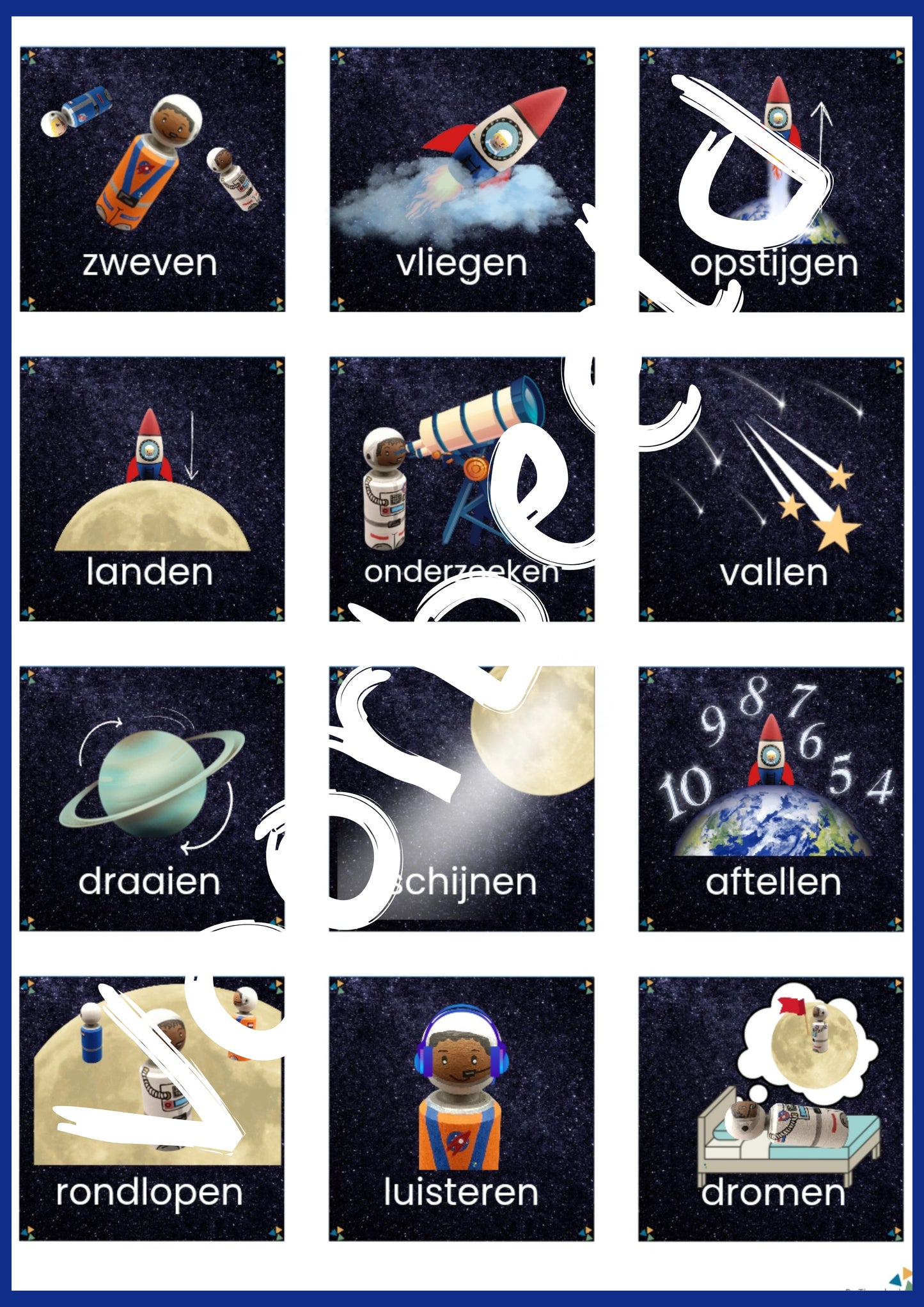 memory thema ruimte voor kleuters, woordkaarten ruimte, de themahoek, themahoek