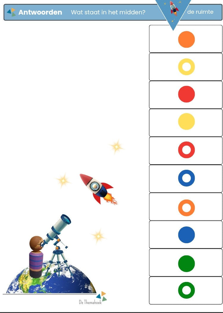 piccolo, thema ruimte, kleuters, groep 1/2, woordenschat, letterherkenning, cijfers, tellen, rekenen, rijmen, piccolokaarten, inloop, inloopactiviteit, de themahoek, themahoek ruimte, thema de ruimte