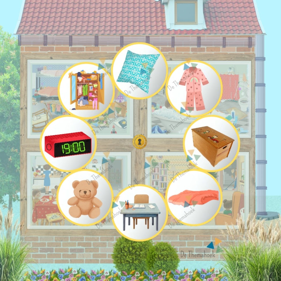 bingo, thema huis, kleuters, groep 1/2, woordenschat, auditieve oefeningen, lotto, thema mijn huis, thema hier woon ik, de themahoek, themahoek, spel, huishoek, lotto, spel