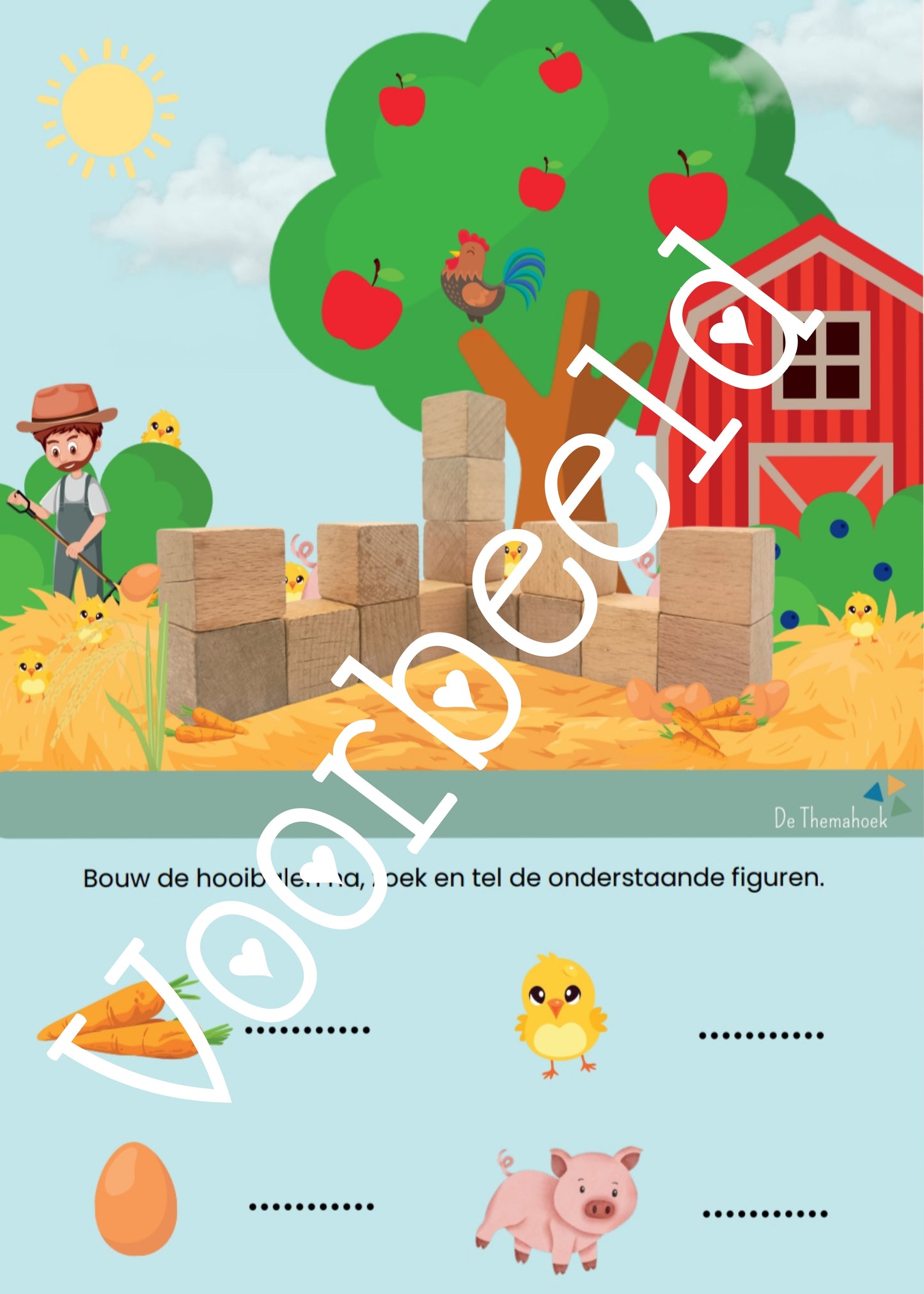 bouwkaarten thema lente voor groep 1/2 , themahoek, bouwhoek, rekenen, lente, boerderij, thema lente, thema pasen, tellen, voorbeeldkaarten bouwhoek
