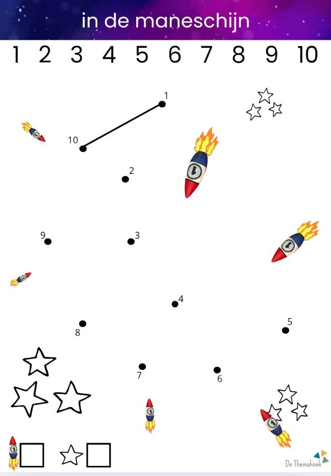 cijfertekening thema ruimte, groep 1/2, de themahoek, themahoek, rekenen met kleuters, getallenlijn, cijfers, gratis cijfertekeningen, stiptekening, kleuters