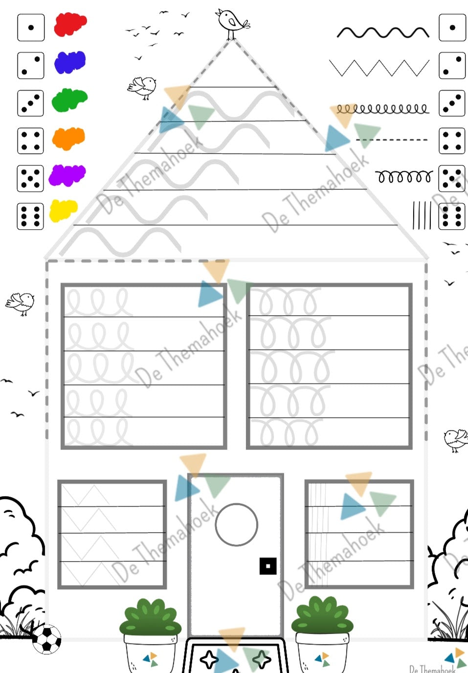 schrijfpatronen, aanvankelijk schrijven, schrijven, kleuters, groep 1/2, thema huis, thema hier woon ik, thema mijn huis, thema wie ben ik, de themahoek, themahoek, dobbelsteenbeelden, rekenen, kleurplaat, inloop, dobbel en kleur