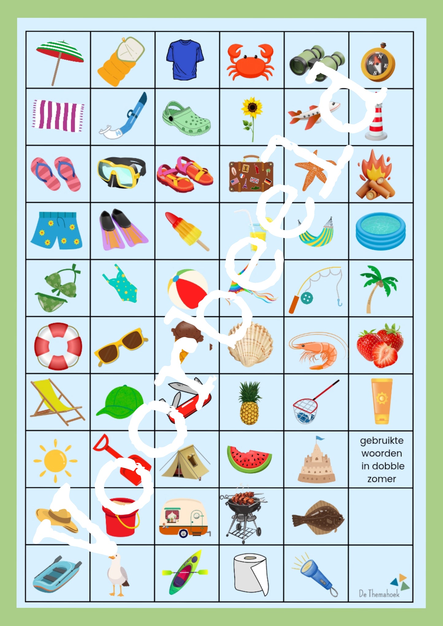 dobble thema zomer, groep 1/2, kleuters, de themahoek, themahoek, woordenschat, auditieve oefeningen zomer