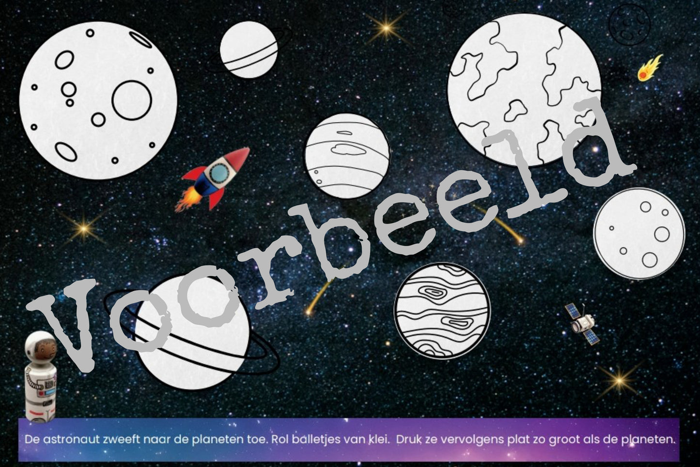 kleikaarten in het thema de ruimte , planeten, een raket en woorden, voor kleuters, van de themahoek