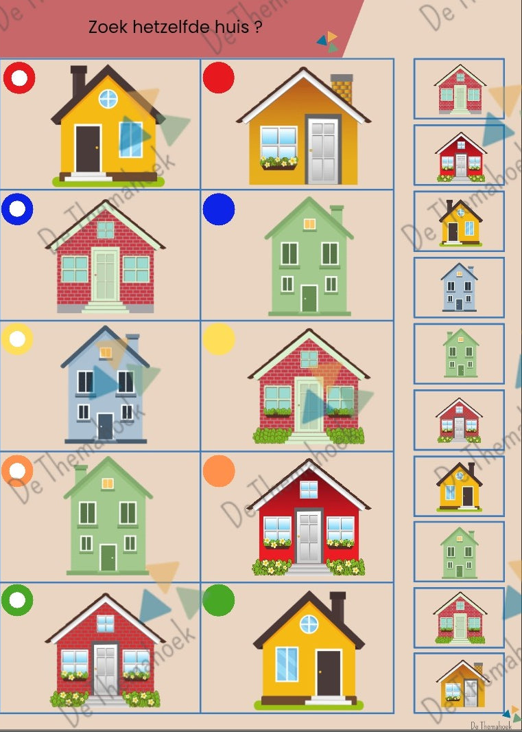 Thema huis, kleuters, groep 1/2, inloop, visuele discriminatie, piccolo, woordenschat, auditieve oefeningen, rekenen, tellen, cijferherkenning, tellen 10 20, huisnummers, thema, hier woon ik, huishoek, inloop, nt2 onderwijs, de themahoek, themahoek, spel
