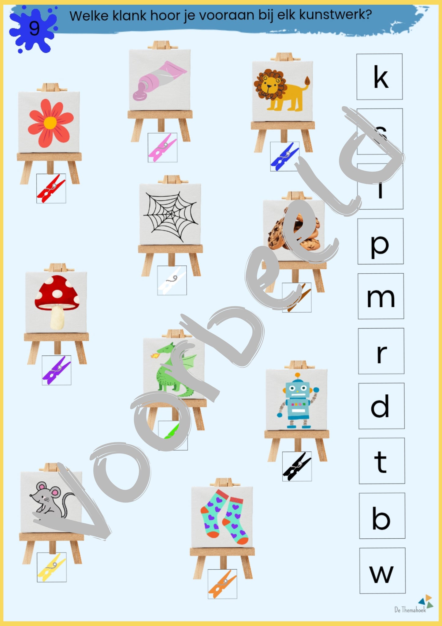 thema kunst voor kleuters, knijpkaarten, spellen kunst voor groep 1/2 inloopactiviteiten thema kunst, de themahoek