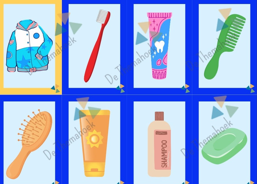 spel, thema vakantie, thema op reis, thema zomer, kleuters, groep 1/2, woordenschat, dobbelspel, de themahoek, themahoek, tellen, executieve functies, koffers inpakken