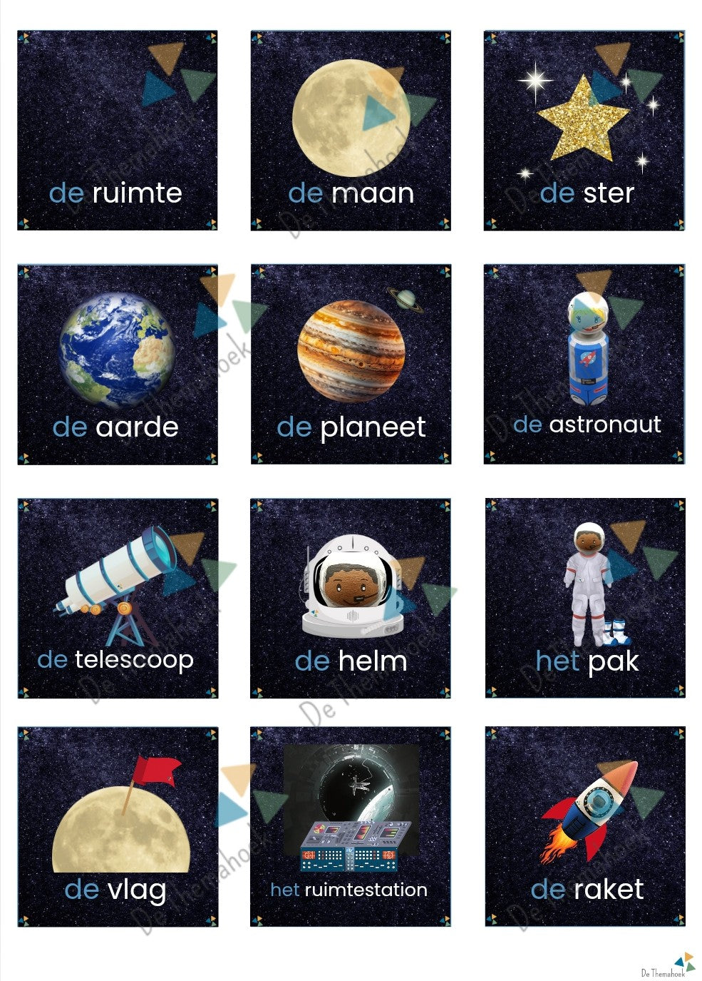 thema de ruimte memory, voorzetsels, de themahoek, themahoek, kleuters, themahoek de ruimte, groep 1/2, kleuters, nt2 onderwijs, spel thema ruimte, memory