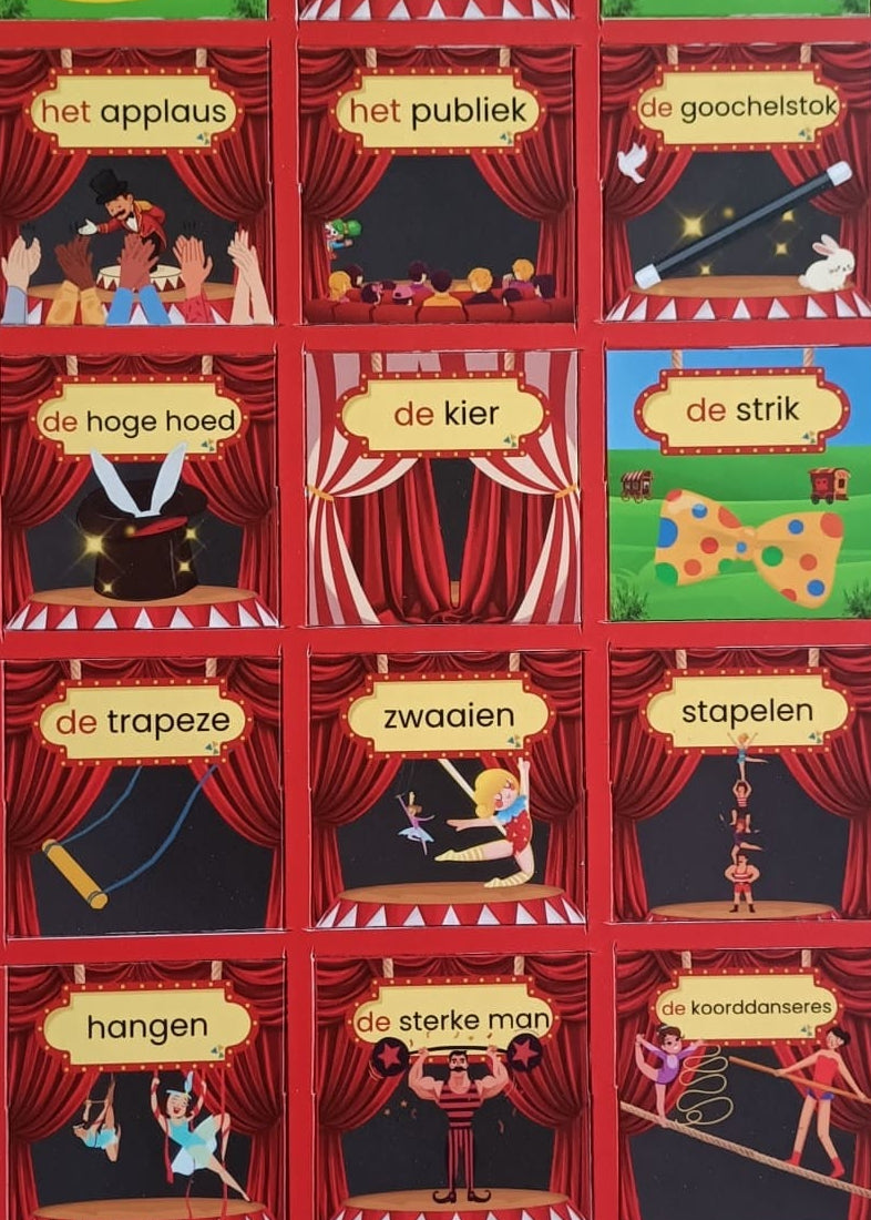 memory, thema circus, kleuters, groep 1/2, thema spot on, spot aan, kinderboekenweek, woordkaartjes, woordkaarten, muziekinstrumenten, theater, voorstelling, woordenschat, taalontwikkeling, spel, de themahoek, themahoek circus, auditieve oefeningen
