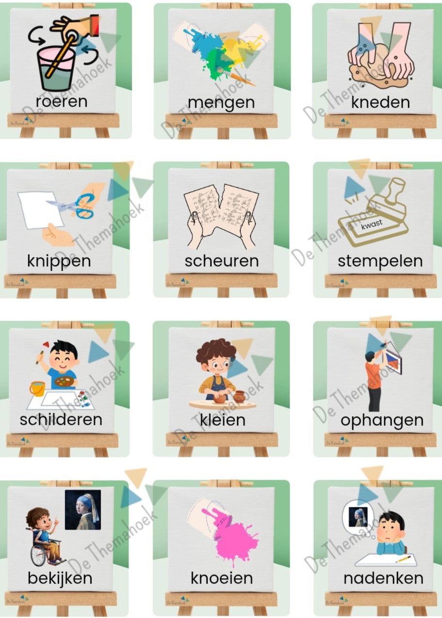 thema kunst, kunst, kleuters, thema, memory, groep 1/2, de themahoek, spel thema kunst, spel, themahoek, woordenschat, taalontwikkeling