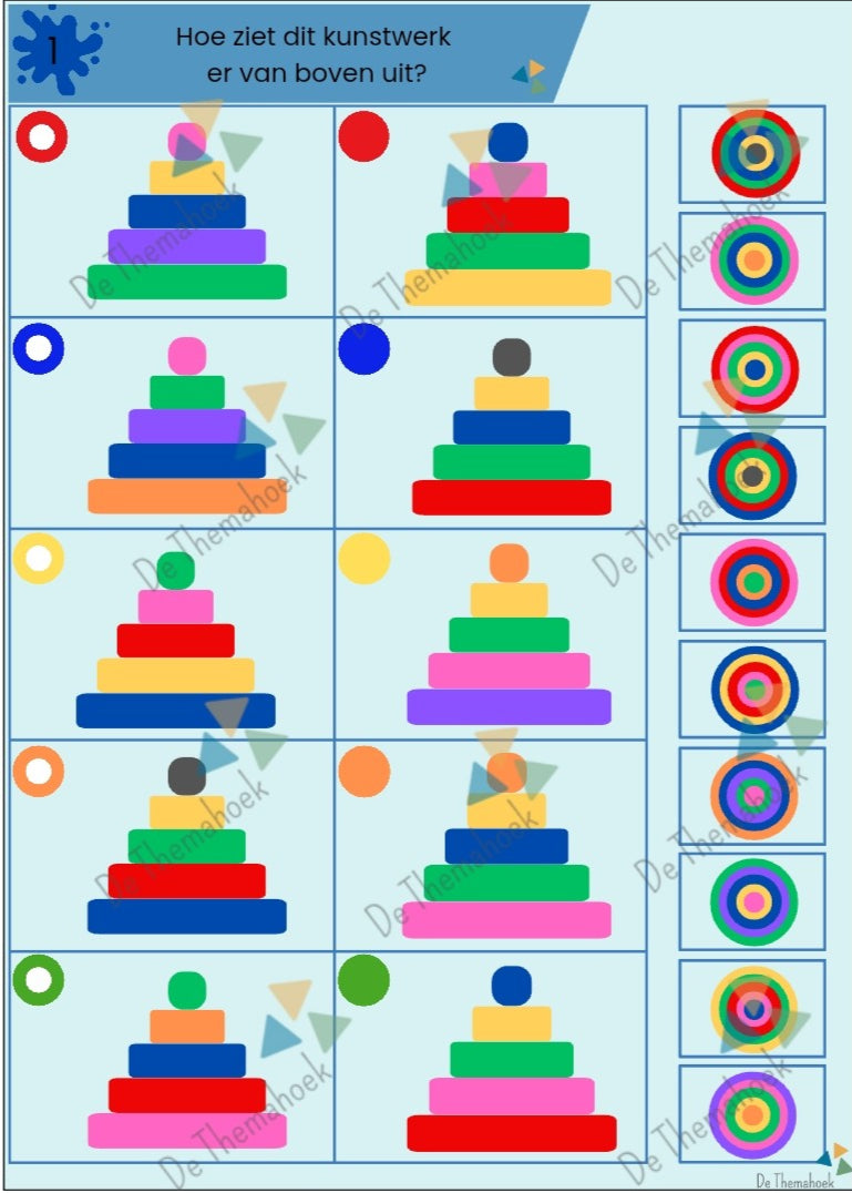thema kunst, kunst, kleuters, spel, piccolo, ruimtelijk inzicht, rekenen, kleur en vorm, groep 1/2, de themahoek, themahoek
