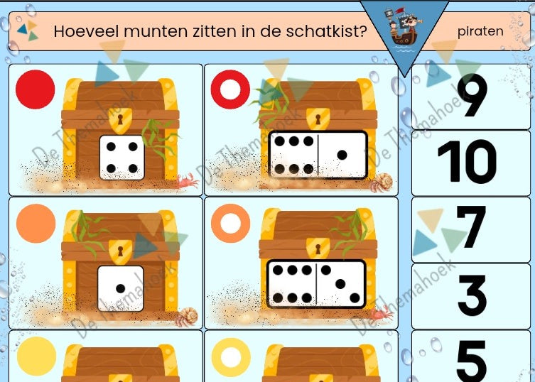 piccolo groep 1/2, thema piraten, thema, themahoek, de themahoek, piraten, piraten spel, kleuters, groep 1/2, meerkunners thema piraten, themahoek piraten, piccolo piraten, rekenen, woordenschat, piccolo kleuters, piccolokaarten kleuters