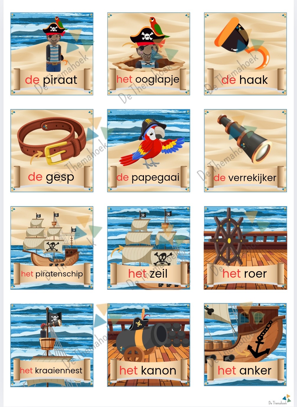 thema piraten memory, woordenschat, kleuters, de themahoek, themahoek piraten, groep 1/2, memory piraten