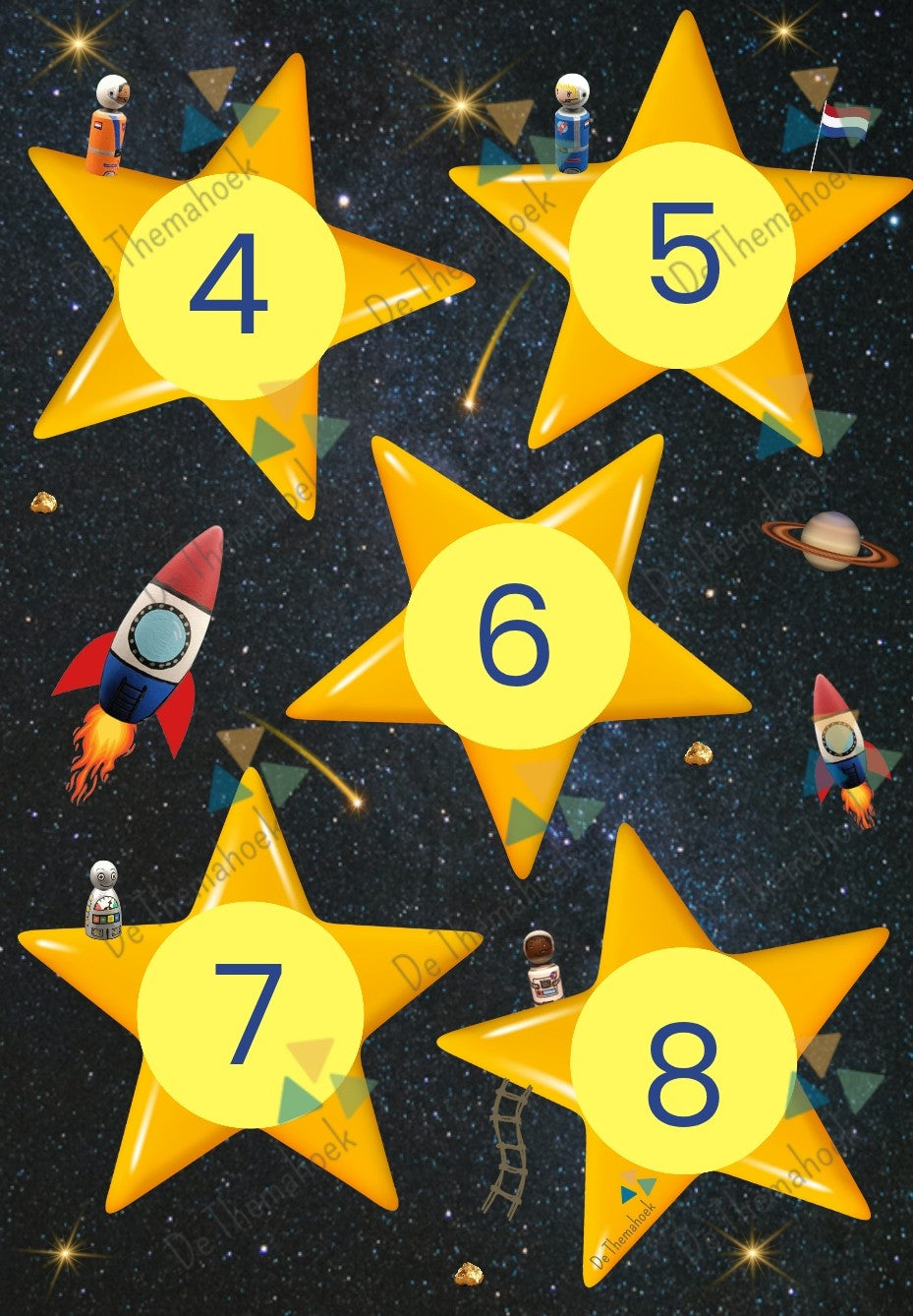 Spel cijfers,thema de ruimte, de ruimte, thema ruimte, kleuters, groep 1/2, tellen, cijferherkenning, sterren en planeten, themahoek de ruimte, de themahoek, rekenen
