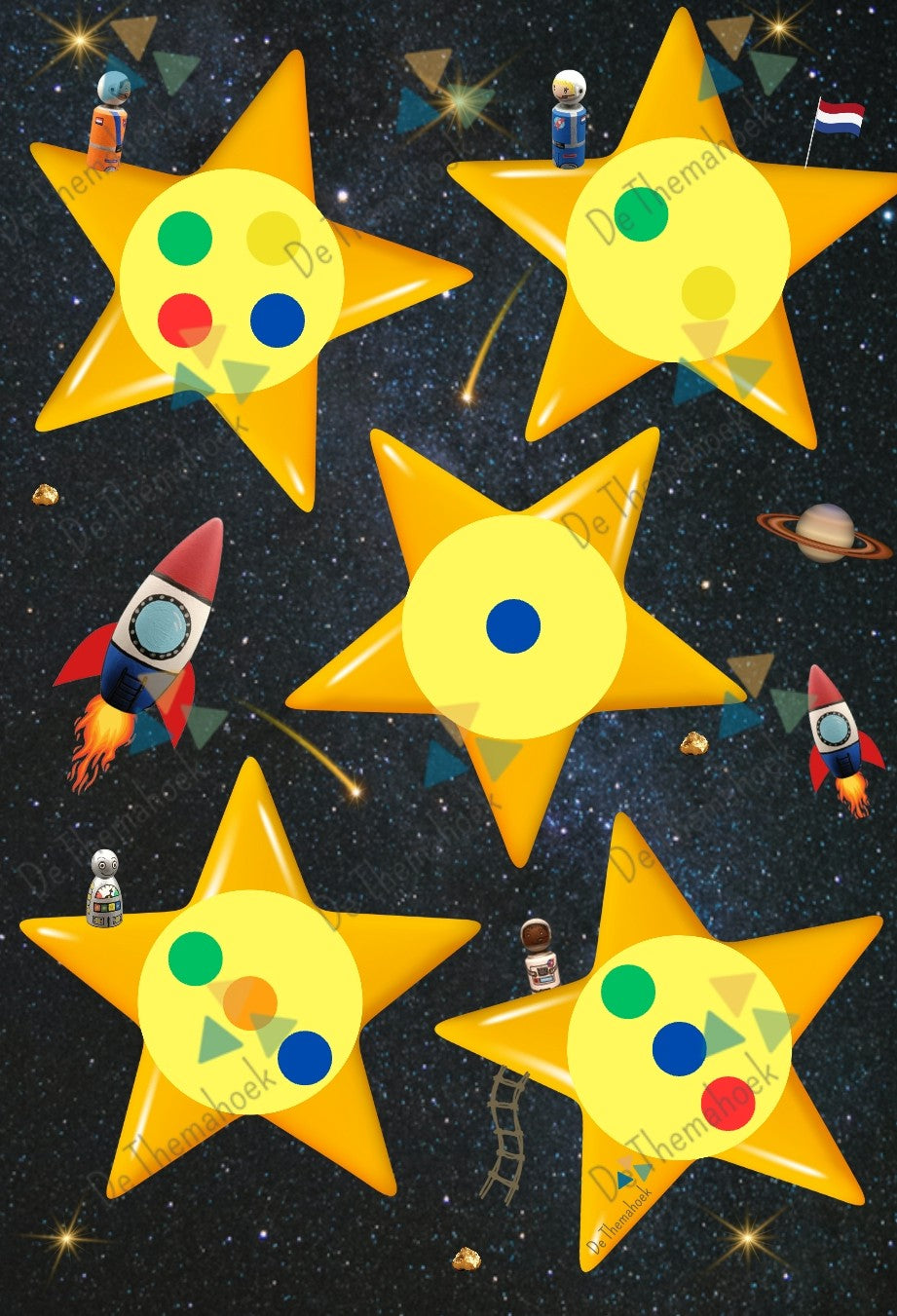 thema ruimte, spel thema ruimte, thema de ruimte, kleuters, de ruimte, groep 1/2, kleuren, rekenen, cijferherkenning, themahoek de ruimte, de themahoek, sterren en planeten, tellen