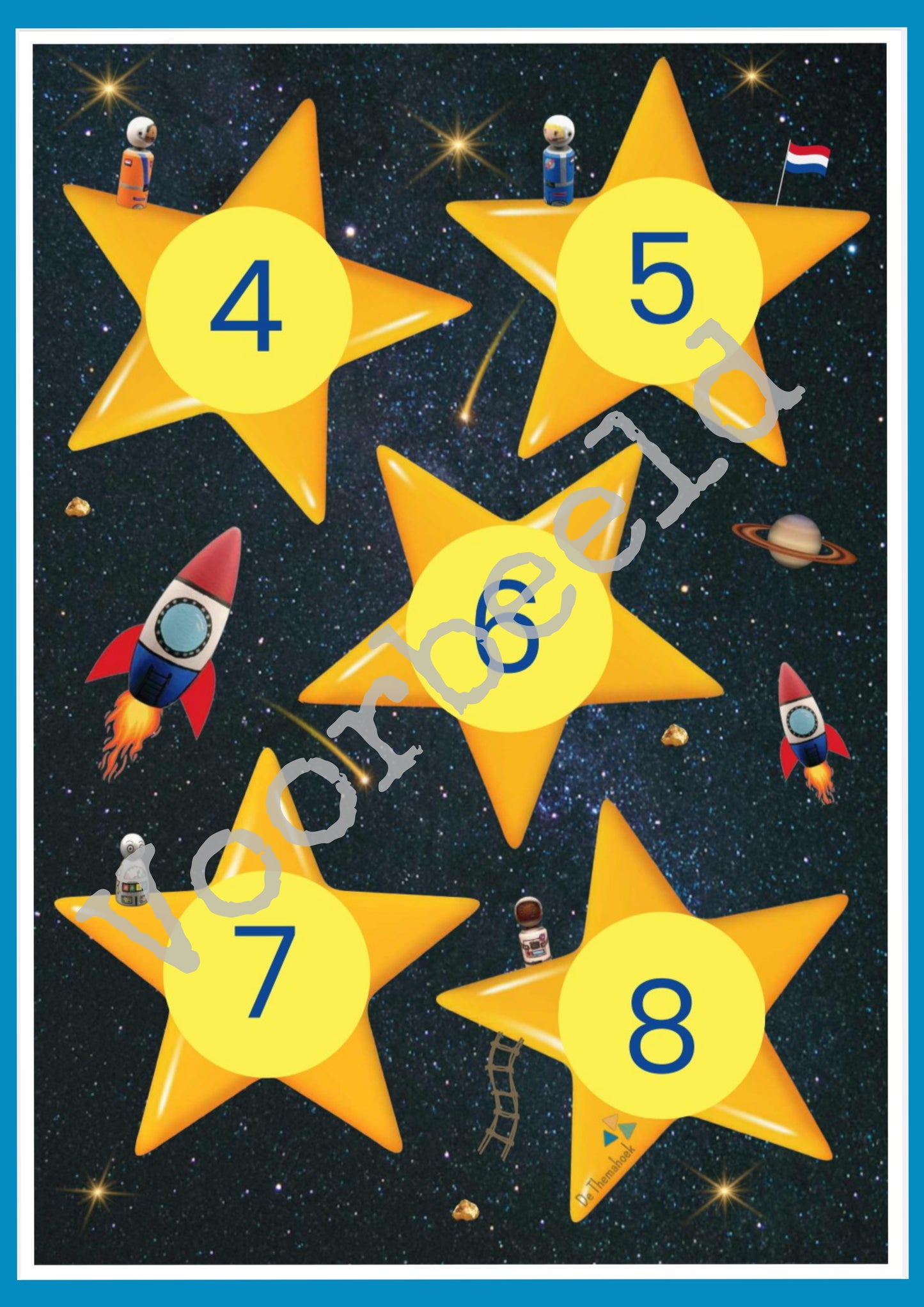 sterrenspel thema de ruimte, cijferherkenning, voor groep 1/2, van de themahoek