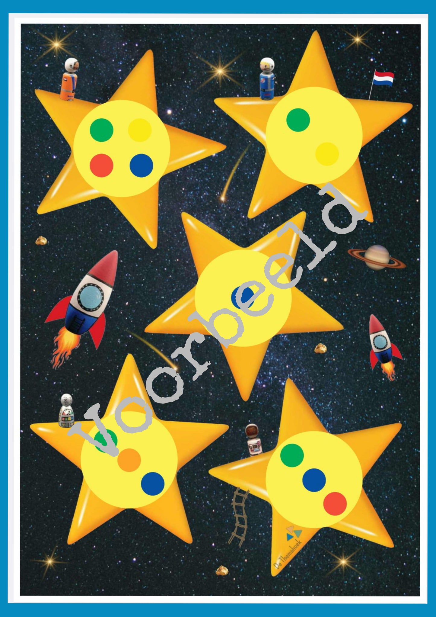 thema de ruimte sterrenspel, bouw een toren in deze kleuren, voor kleuters, groep 1/2, van de themahoek