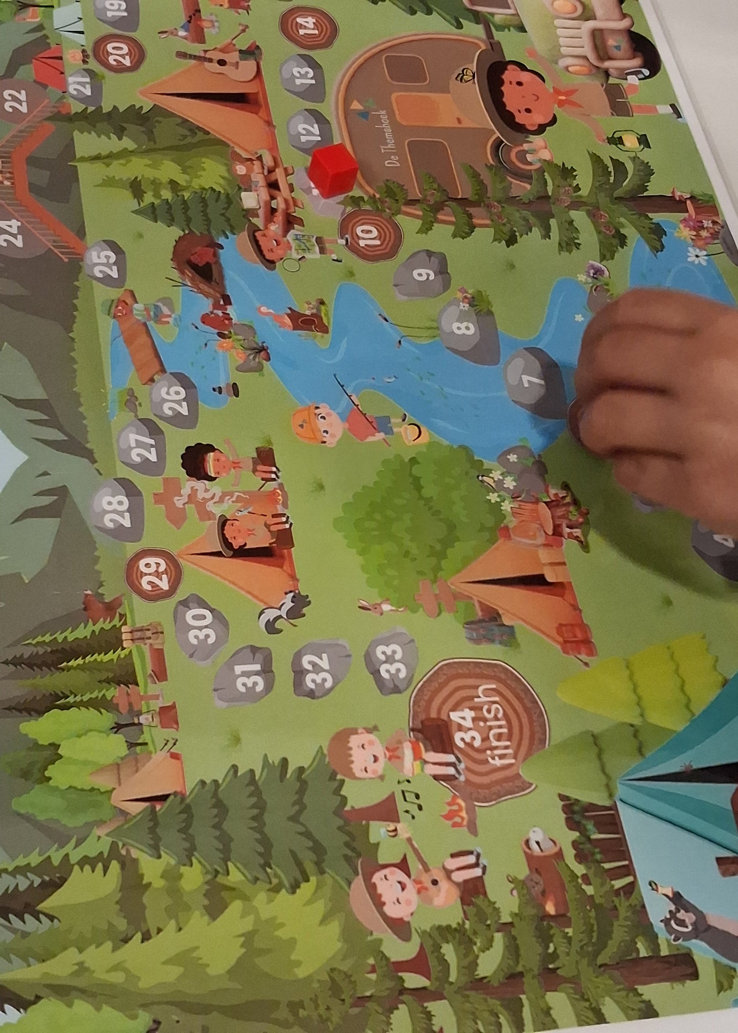 thema bos, spel, thema vakantie, thema herfst, thema kamperen, rekenen, woordenschat, kleuters, groep 1/2, de themahoek, themahoek, bordspel, tellen, dobbelsteenbeelden