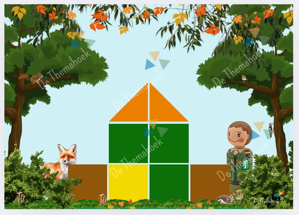 bos bouwkaarten, thema bos, thema herfst, bouwhoek, bouwhoek voorbeelden, bouwkaarten, de themahoek, themahoek, bosdieren, kleuters, groep 1/2