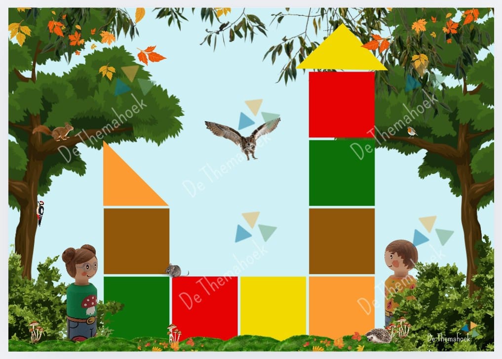 bos bouwkaarten, thema bos, thema herfst, bouwhoek, bouwhoek voorbeelden, bouwkaarten, de themahoek, themahoek, vorm en kleur, kleuters