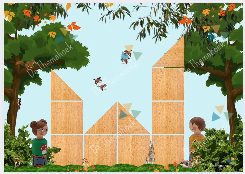 bos bouwkaarten, thema bos, thema herfst, bouwhoek, bouwhoek voorbeelden, bouwkaarten, de themahoek, themahoek, bouwvoorbeelden bos, kleuters