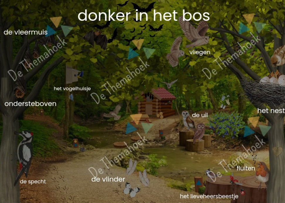 woordplaten thema bos, woordkaarten bos, thema herfst, donker in het bos, de themahoek