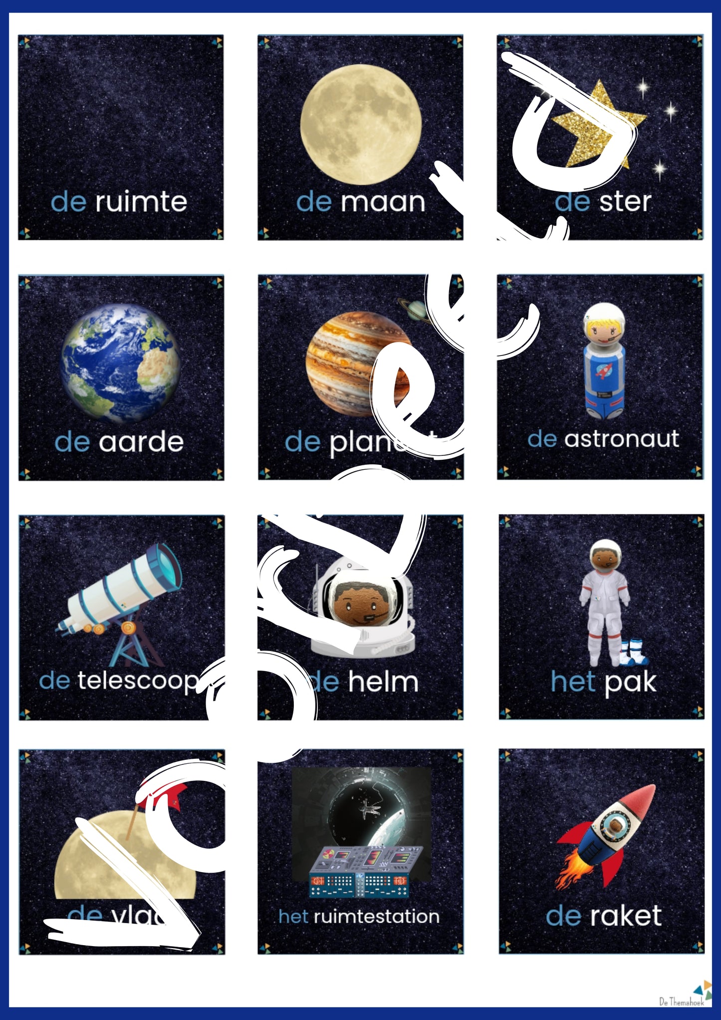 woordkaarten thema ruimte groep 1/2, de themahoek, themahoek, memory