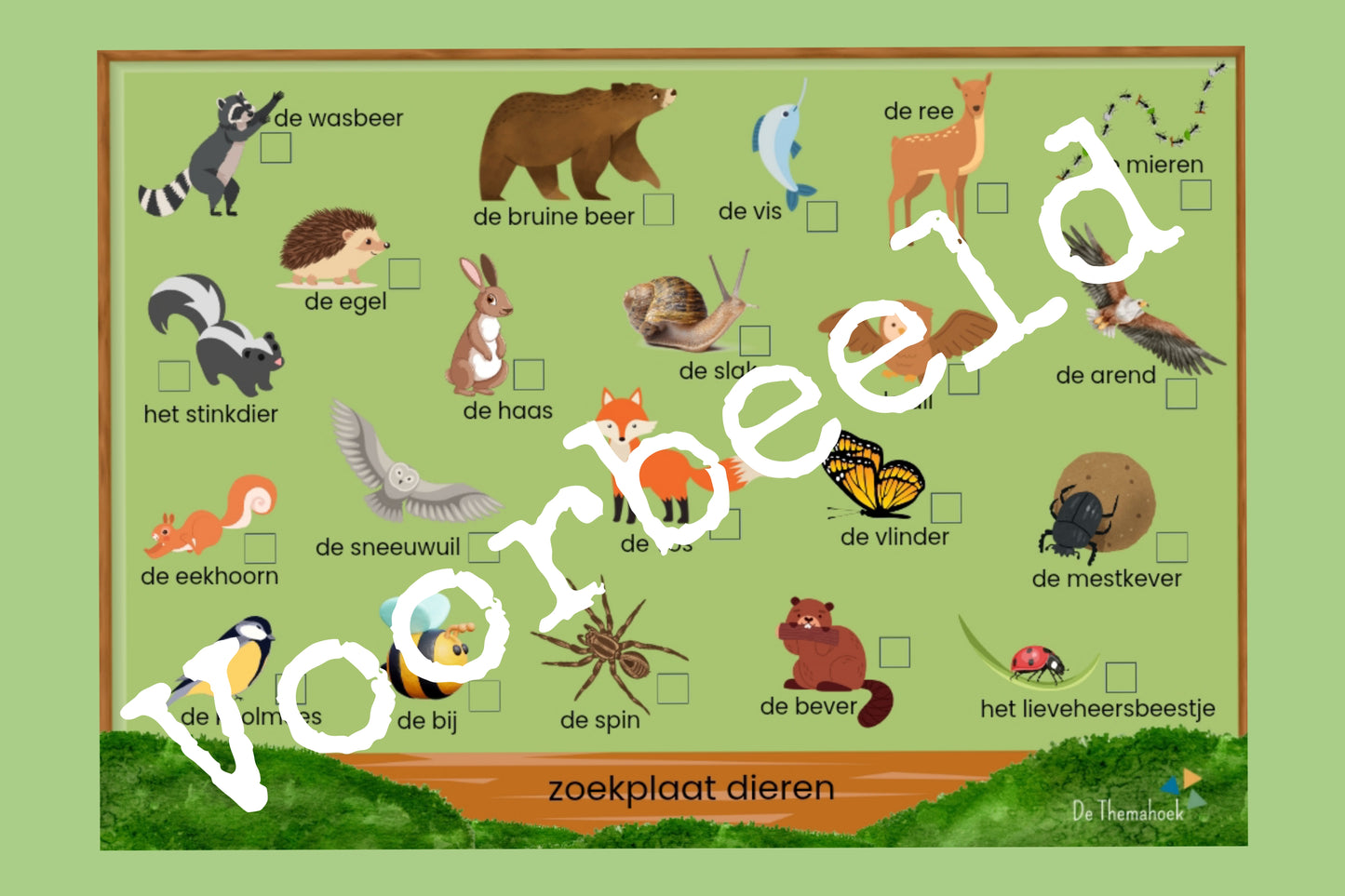 Thema dieren, thema bos, thema zomer, thema kamperen groep 1/2, de themahoek, themahoek, zoekplaat dieren