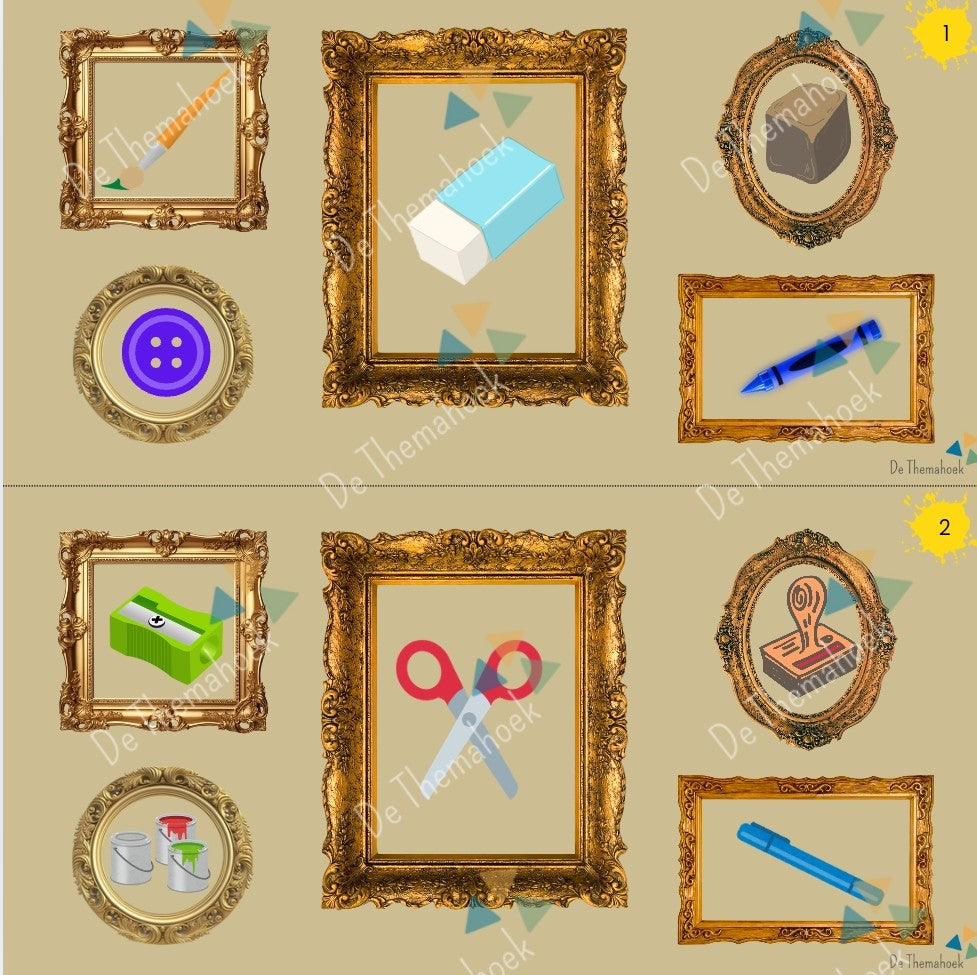 thema kunst, kleuters, groep 1/2, bingo, spel, woordenschat, de themahoek, themahoek, spelbord, spel thema kunst, spel kunst, gezelschapsspel, bordspel