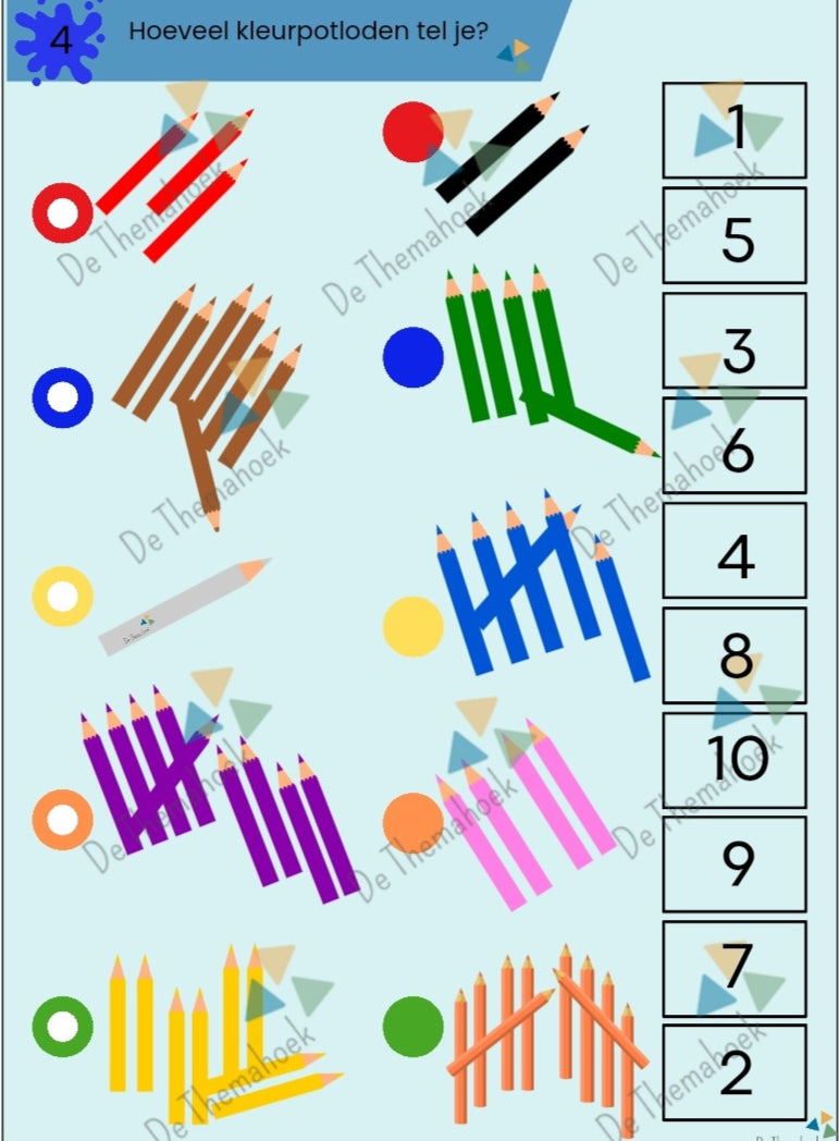 piccolo, kleuters, kunst, thema kunst, spel, groep 1/2, tellen, cijfers, de themahoek, themahoek, woordenschat