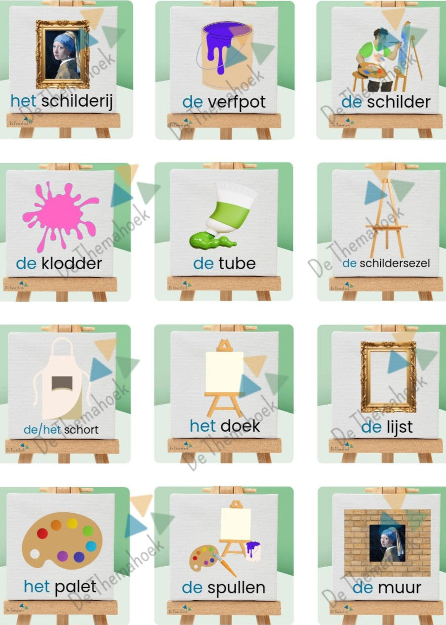 thema kunst, memory, woordenschat, kleuters, groep 1/2, kunst, kunst memory, auditieve oefeningen, nt2 onderwijs, meertalige leerlingen, de themahoek, themahoek