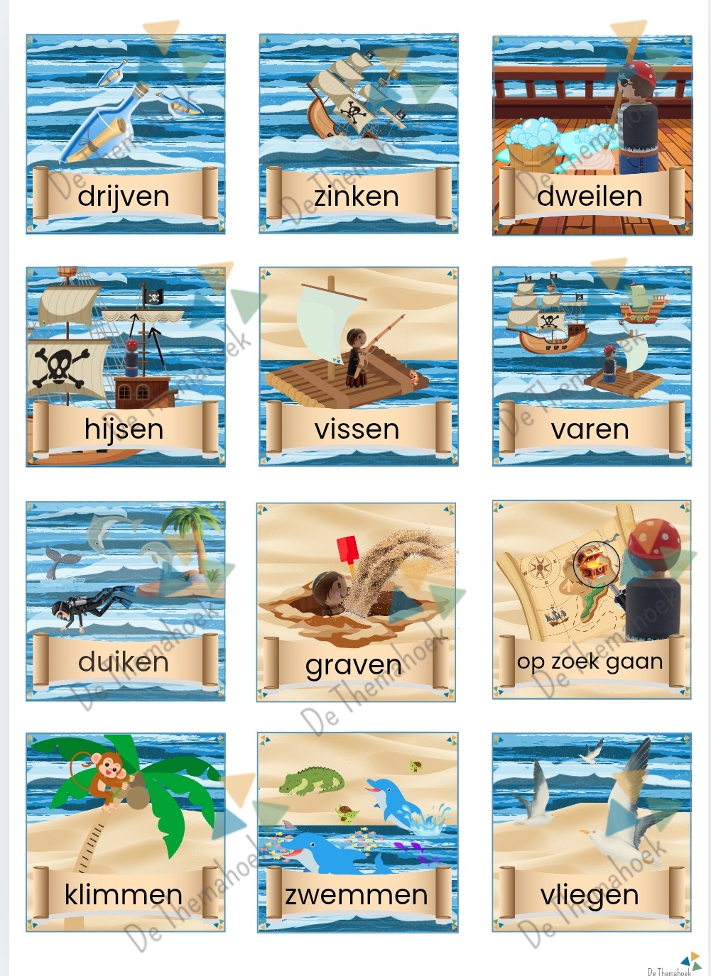 thema piraten memory, woordenschat, kleuters, de themahoek, themahoek piraten, groep 1/2, memory piraten, auditieve oefeningen thema piraten