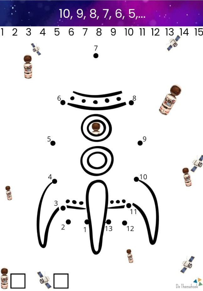raket cijfertekening, thema ruimte, groep 1/2, de themahoek, themahoek