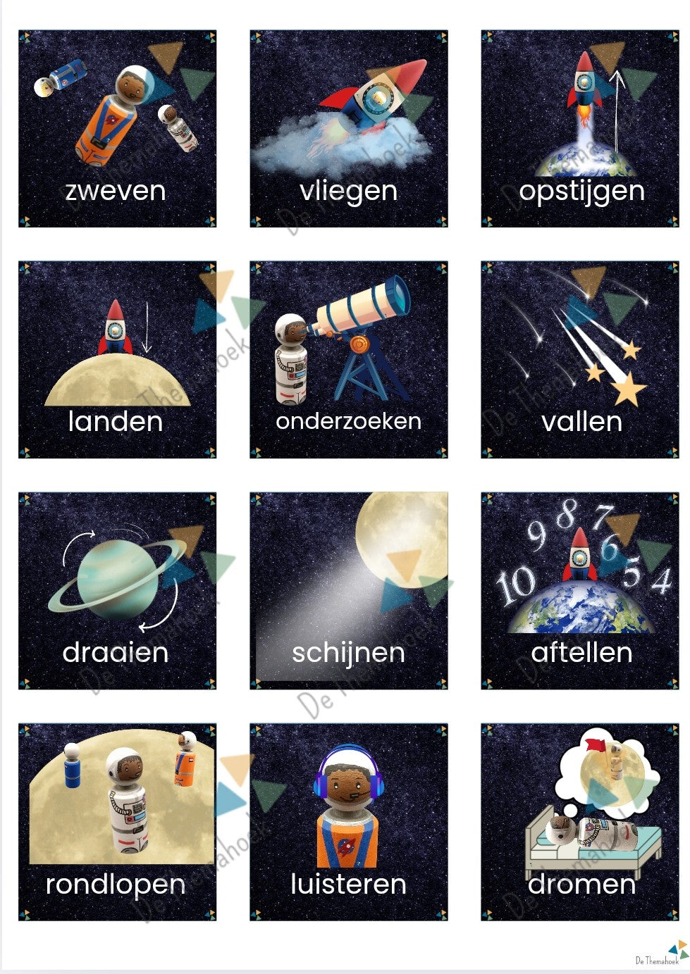 thema de ruimte memory, voorzetsels, de themahoek, themahoek, kleuters, groep 1/2, memory, woordenschat, spel thema ruimte, spel kleuters, thema ruimte, kleuters, groep 1/2