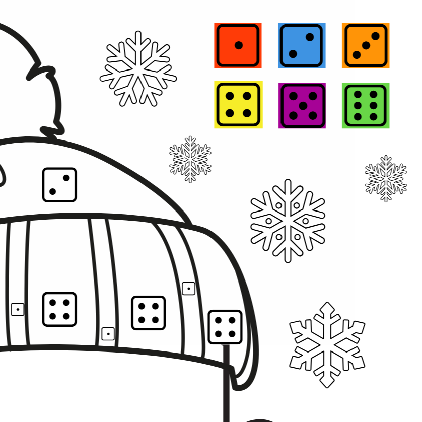 rekenspel winter de themahoek voor groep 1/2, de themahoek, kleuters, winter groep 1/2, rekenspel winter, thema winter, dobbelsteenbeelden, kleur