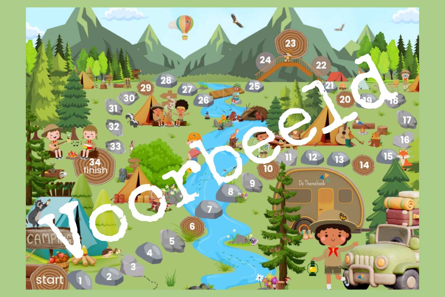 kampeerspel in thema zomer voor groep 1/2, rekenen en woordenschat, de themahoek