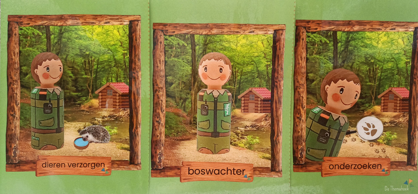 themahoek kleuters bos, thema bos groep 1/2, spelhoek, rollenkaartjes themahoek, de themahoek