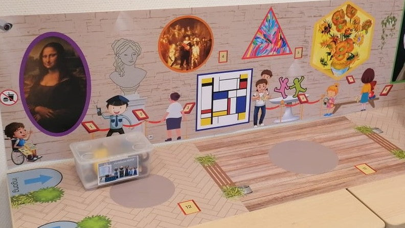 thema kunst, verteltafel, thema museum, kleuters, groep 1/2, meertalige leerlingen, nt2 onderwijs, woordenschat, spel, spelhoek, speeltafel, de themahoek, themahoek