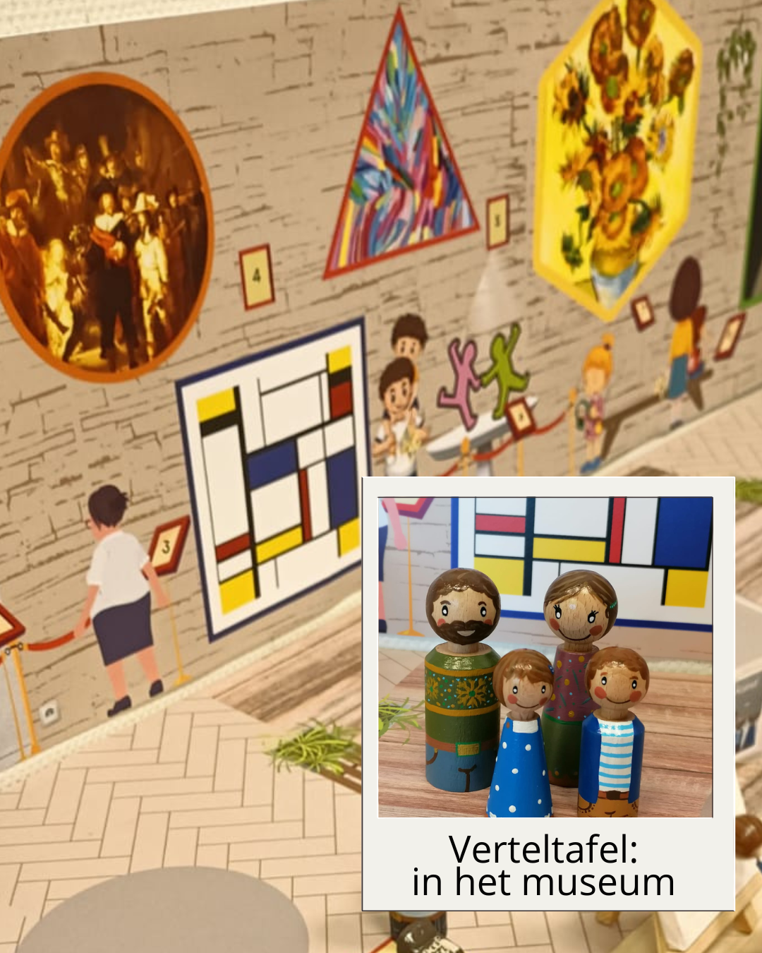 thema kunst in het museum, verteltafel, poppetjes, de themahoek, themahoek, verteltafel kunst, spelhoek kunst, themahoek kunst, kleuters, groep 1/2