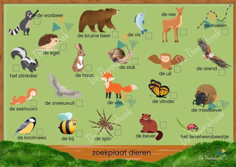 Thema dieren, thema bos, thema zomer, thema kamperen groep 1/2, de themahoek, themahoek, zoekplaat dieren