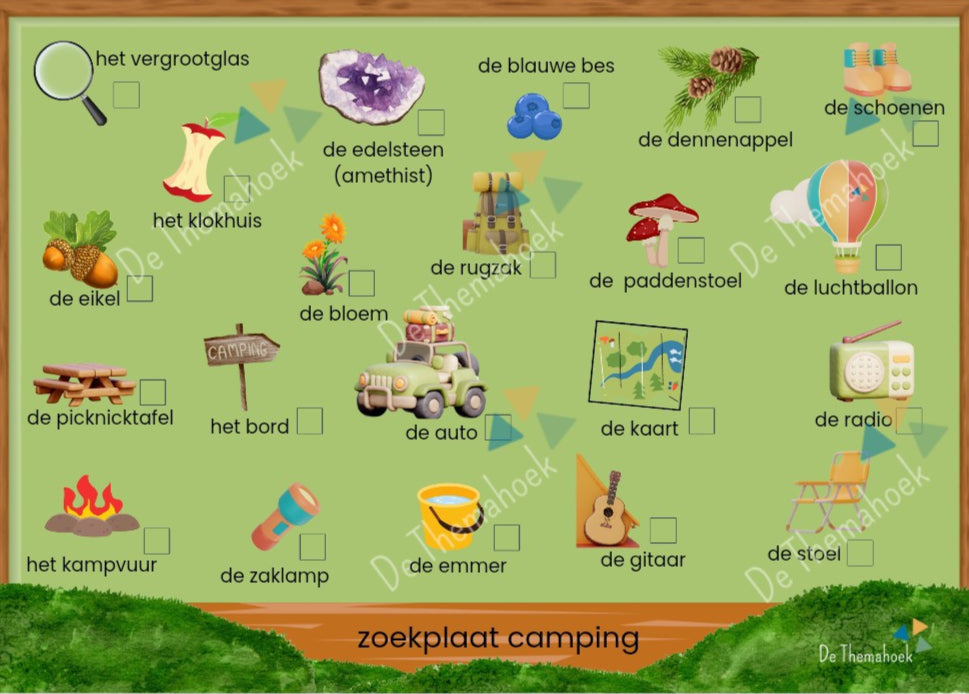 thema bos zoekplaat, zoekplaat camping, campingspel, kamperen met kleuters, themahoek, de themahoek, thema herfst, thema zomer, thema bos