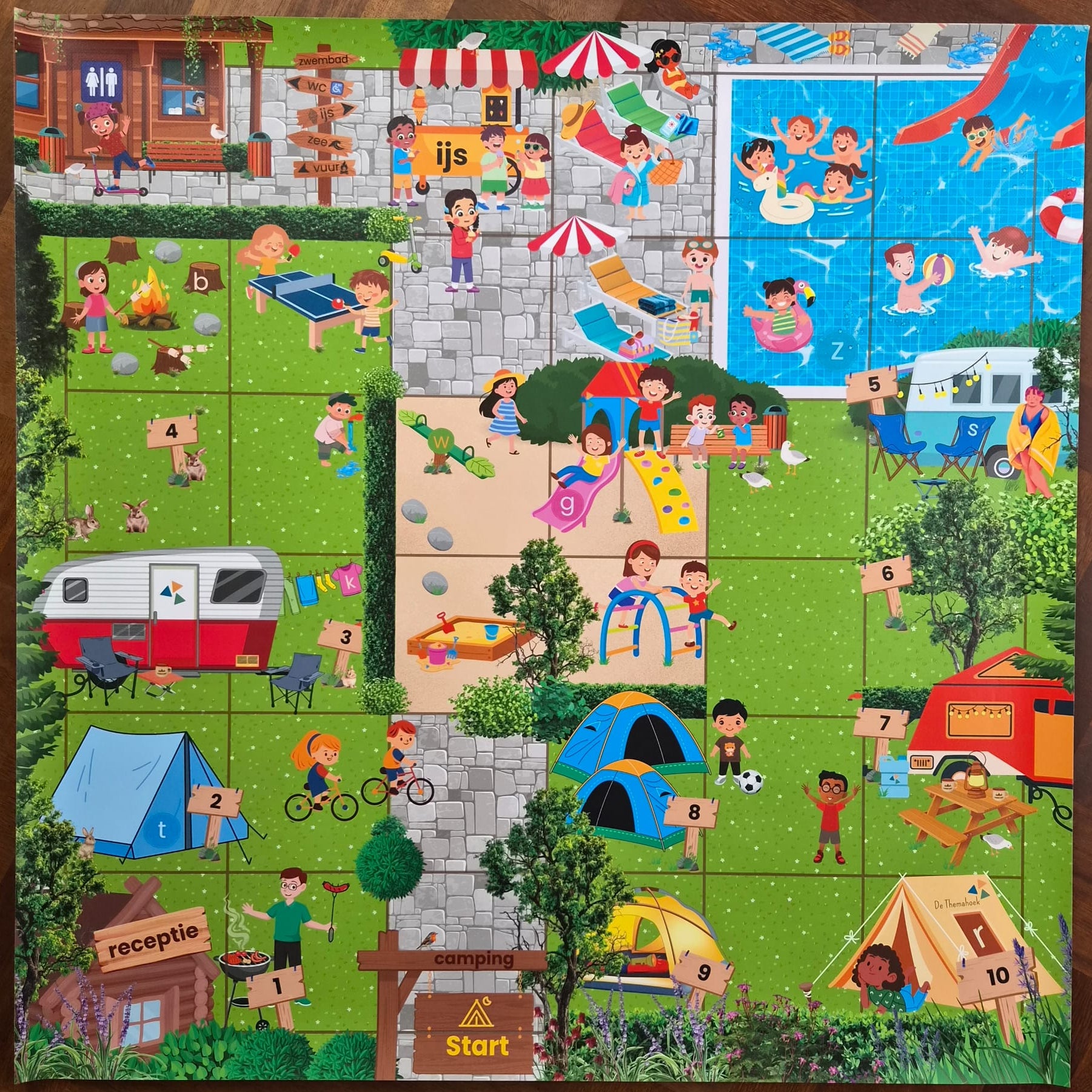 Beebotmat, Beebot, Bee-bot  mat, Bee-bot, bee bot, thema camping, thema vakantie, thema op reis, thema kamperen, kleuters, groep 1/2, groep 3, woordenschat, cijfers, letterherkenning, de themahoek, thema zwembad
