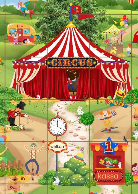 beebotmat thema circus, thema circus, bebotmat, beebot, circus, kleuters, groep 1/2, woordenschat, tellen, letterkennis, cijferkennis, thema spot on
