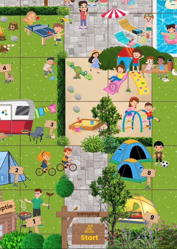 beebotmat, thema vakantie, kleuters, groep 1/2, thema camping, op vakantie, beebot, beebot mat, programmeren met kleuters, woordenschat, praatplaat