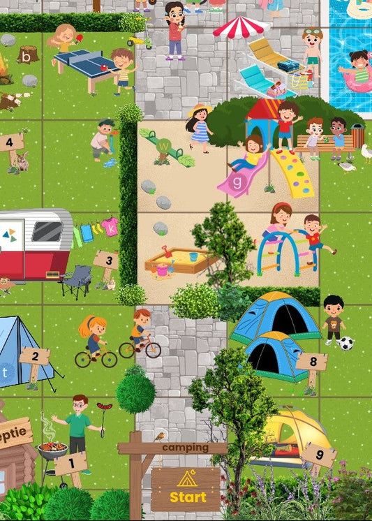 beebotmat, thema vakantie, kleuters, groep 1/2, thema camping, op vakantie, beebot, beebot mat, programmeren met kleuters, woordenschat, praatplaat
