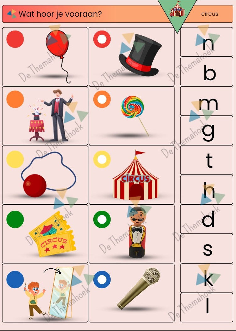 piccolo, thema circus, kleuters, groep 1/2, thema spot on, kinderboekenweek, rijmen, inloop, woordenschat, tellen, cijferkennis, beginklank, mkm woorden, inloopactiviteit, de themahoek, themahoek circus, circus