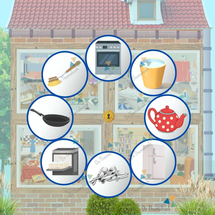 bingo, thema huis, kleuters, groep 1/2, woordenschat, auditieve oefeningen, lotto, thema mijn huis, thema hier woon ik, de themahoek, themahoek, spel, huishoek, kamers in huis