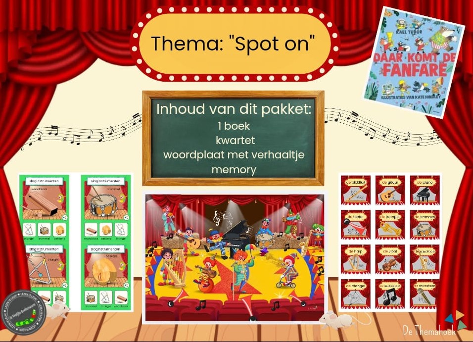 boekenpakket, thema spot on, kinderboekenweek 2026, thema cirus, thema theater, kleuters, groep 1/2, voorlezen, boeken, boek kinerboekeneek, kbw, de themahoek, de vrolijke boekenwurm