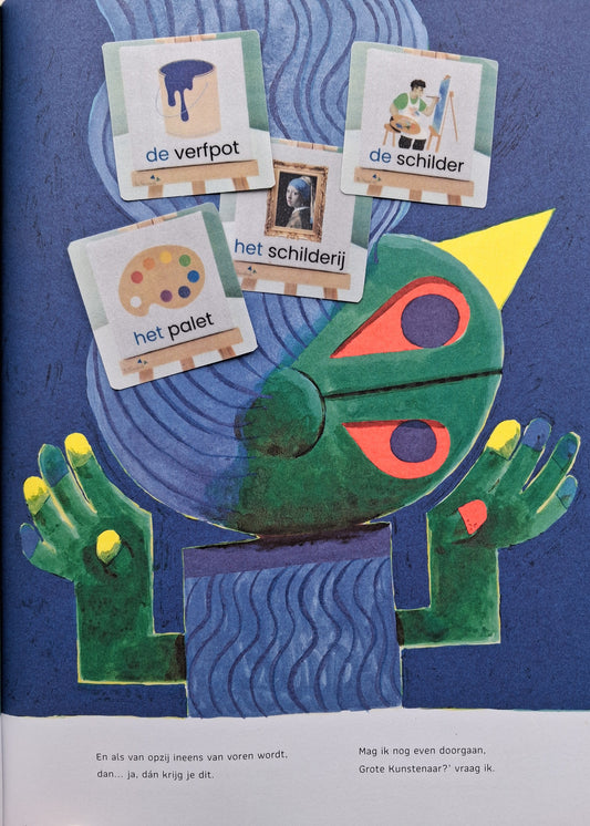 prentenboek kunst, kleuters, monster, kunst voor kleuters, thema kunst, groep 1/2, spel kunst, memory kunst, schrijfpatronen, kleikaarten, de themahoek, themahoek