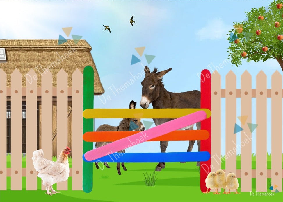 spel, kleuters, thema boerderij, op de boerderij, thema lente, bouwkaarten, bouwen, patronen, voorbeeldkaarten, groep 1/2, kleur en vorm, kleuren, ruimtelijk inzicht, visuele analyse, boerderijdieren